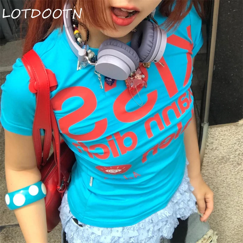 

LOTDOOTN Y2k Letter Print Tees Korean Japanese Trashy 2000s Style Crop Top Vintage Harajuku Crewneck T-shirts American Retro 90s