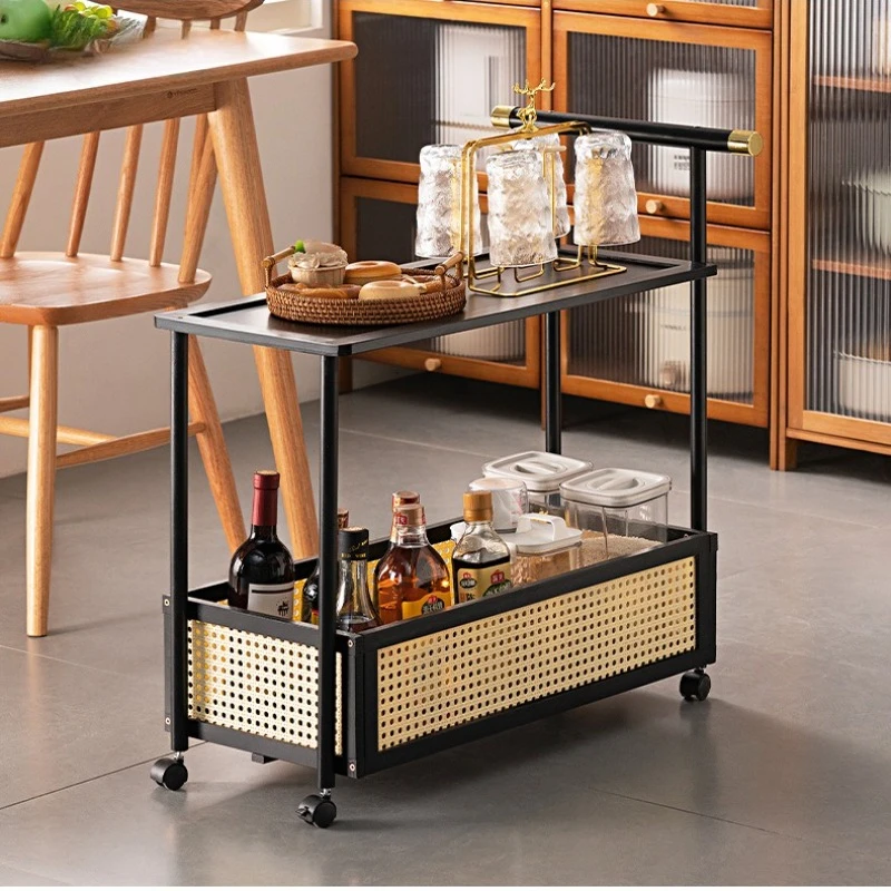 

High-End Side Table Bamboo 2-Layer Coffee Table Mobile Bedside Table with Wheels Trolley Home Storage Rack for Living Room Decor