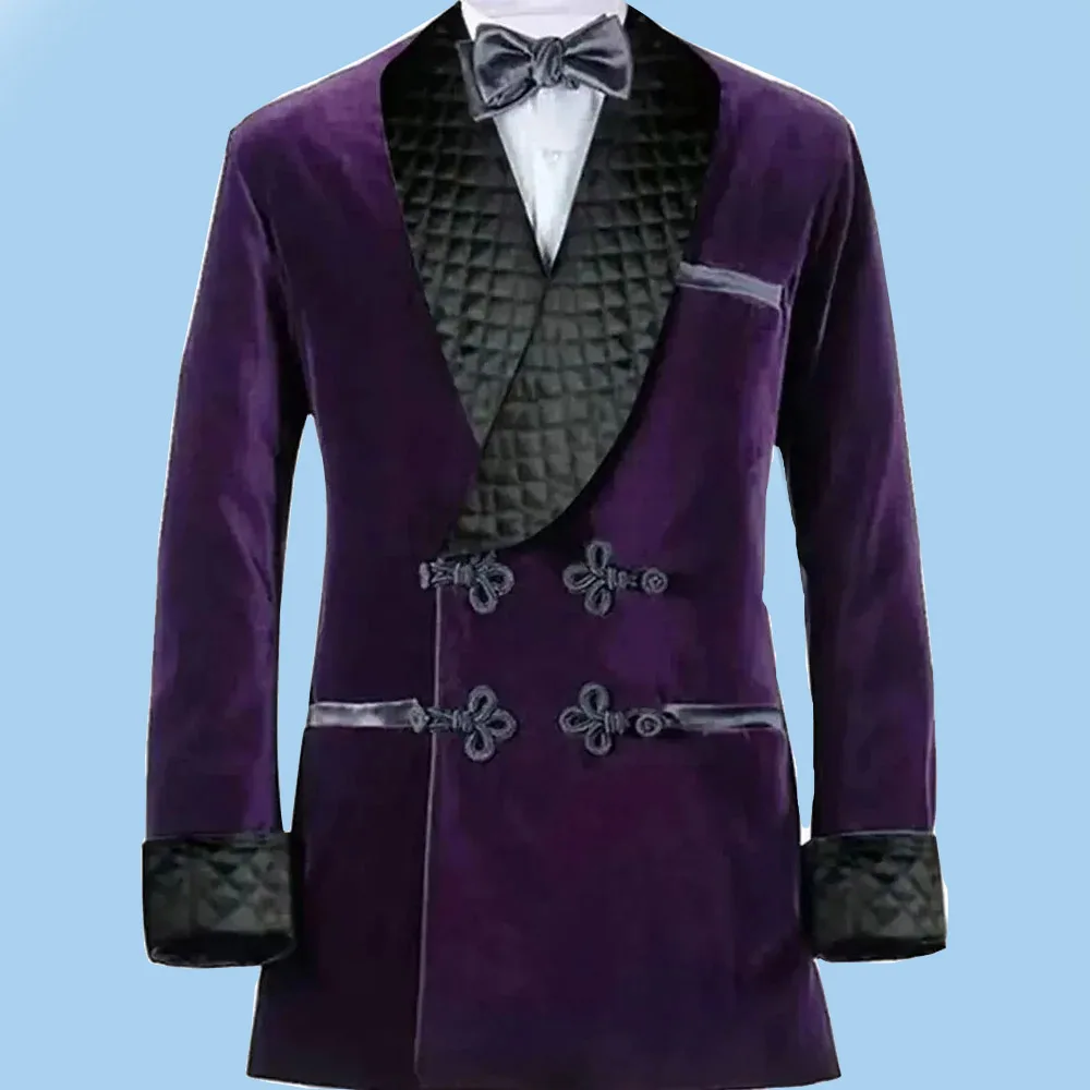 Formal Elegant Men's Suits Double Breasted Shawl Lapel Purple Velvet Costume Homme Luxury Smoking Blazer 1 Piece Jacket