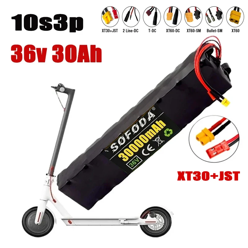 36V 30Ah 18650 Rechargeable lithium Battery pack 10S3P 500W High power for Modified Bikes Scooter Electric Vehicle,With BMS XT30