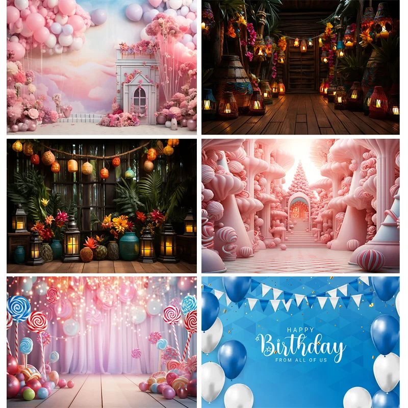 Adorable 3d Cartoon Photography Backdrops Props Birthday Party Banner Arch Balloons Joyous Candyland Sweetness Background TF-03