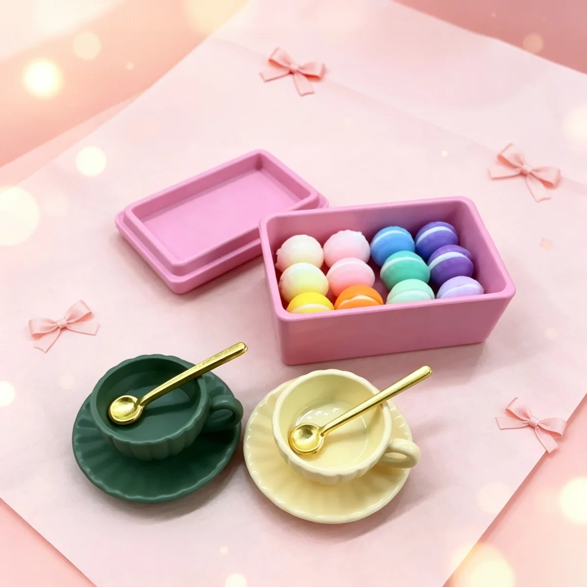 1:12 Dollhouse Mini Dessert Set, Simulated Macaron Coffee Cup Saucer Spoon, Miniature Food Play, Micro Scene Decor Accessory