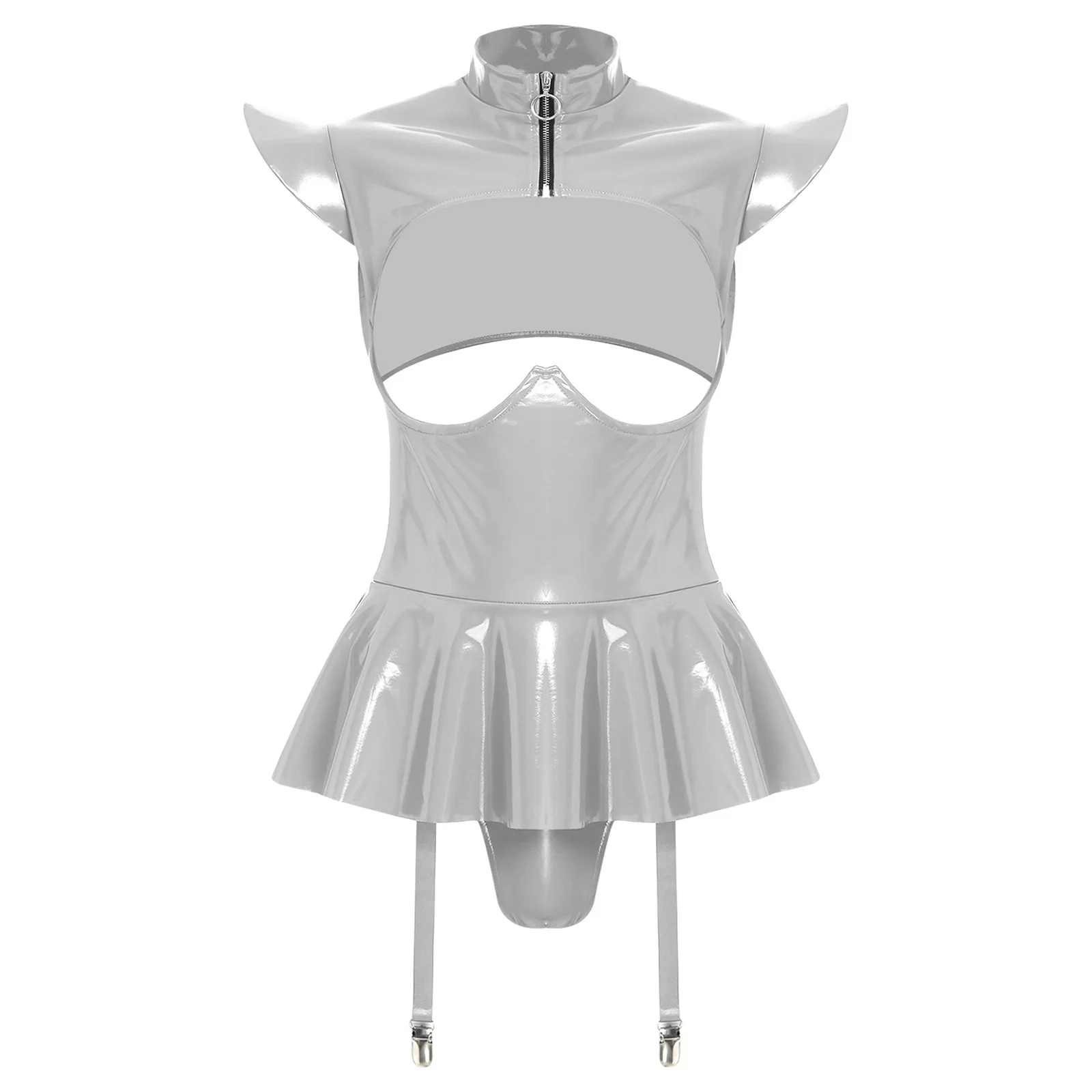 

Women Lingerie Chest Hollow Out T-back Bodysuits Adult Couple's Temptation Pajamas Ruffled Hem Garters Jumpsuit Erotic Nightwear