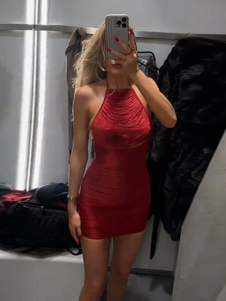 

Women Halter Neck Dress Backless Sexy Mini Dresses Ruched Slim-Fit Bodycon Party Cocktail Gown Woman Clothes Club Wear Outfit