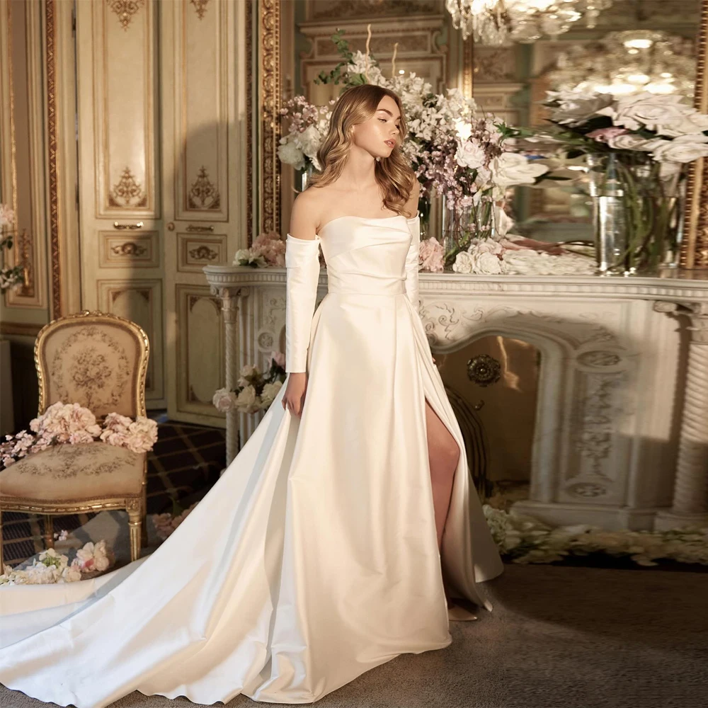 

Elegant Shiny Satin Women Wedding Dresses High Split Women Bridal Robes Mopping Length Engagement Banquet Vestidos De Novia 2025