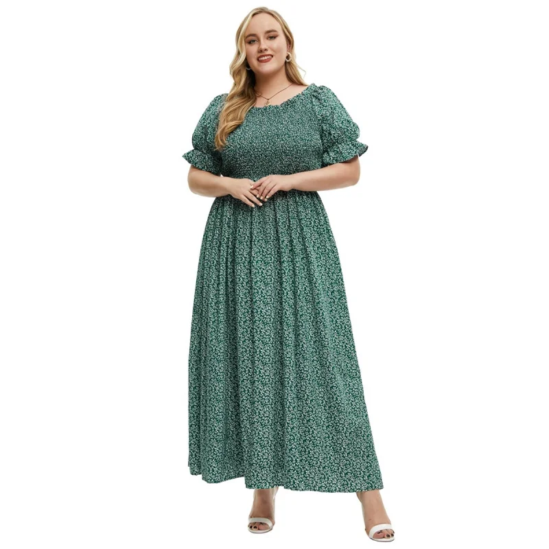 2024 European And American Plus Size Women'S Clothes Summer New Round Neck Short Sleeve Smocking Long Dress