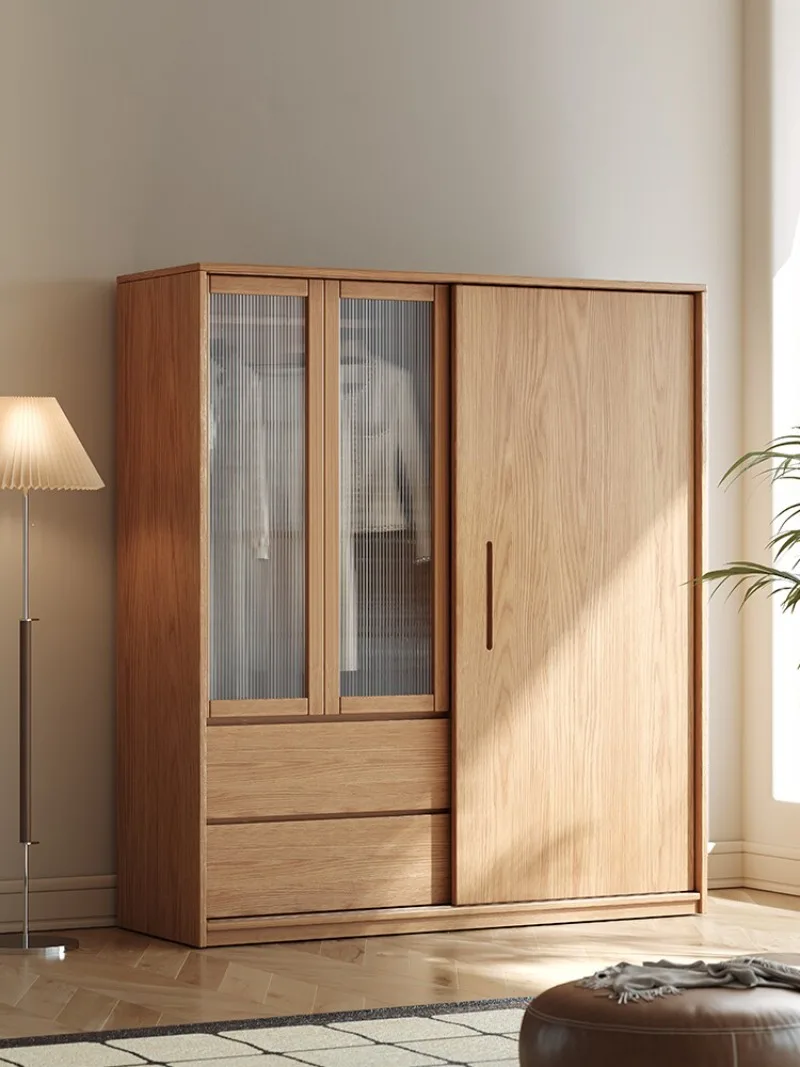 Oak sliding door wardrobe home bedroom log style modern simple multi-functional children's hanging wardrobe