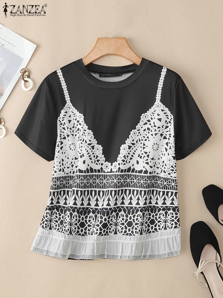 ZANZEA Fake Two Pieces Printing T-Shirts Woman Summer 2025 O-Neck Short Sleeve Contrast-Color Lace Hem Tees Korean Fashion Tops - Image 4