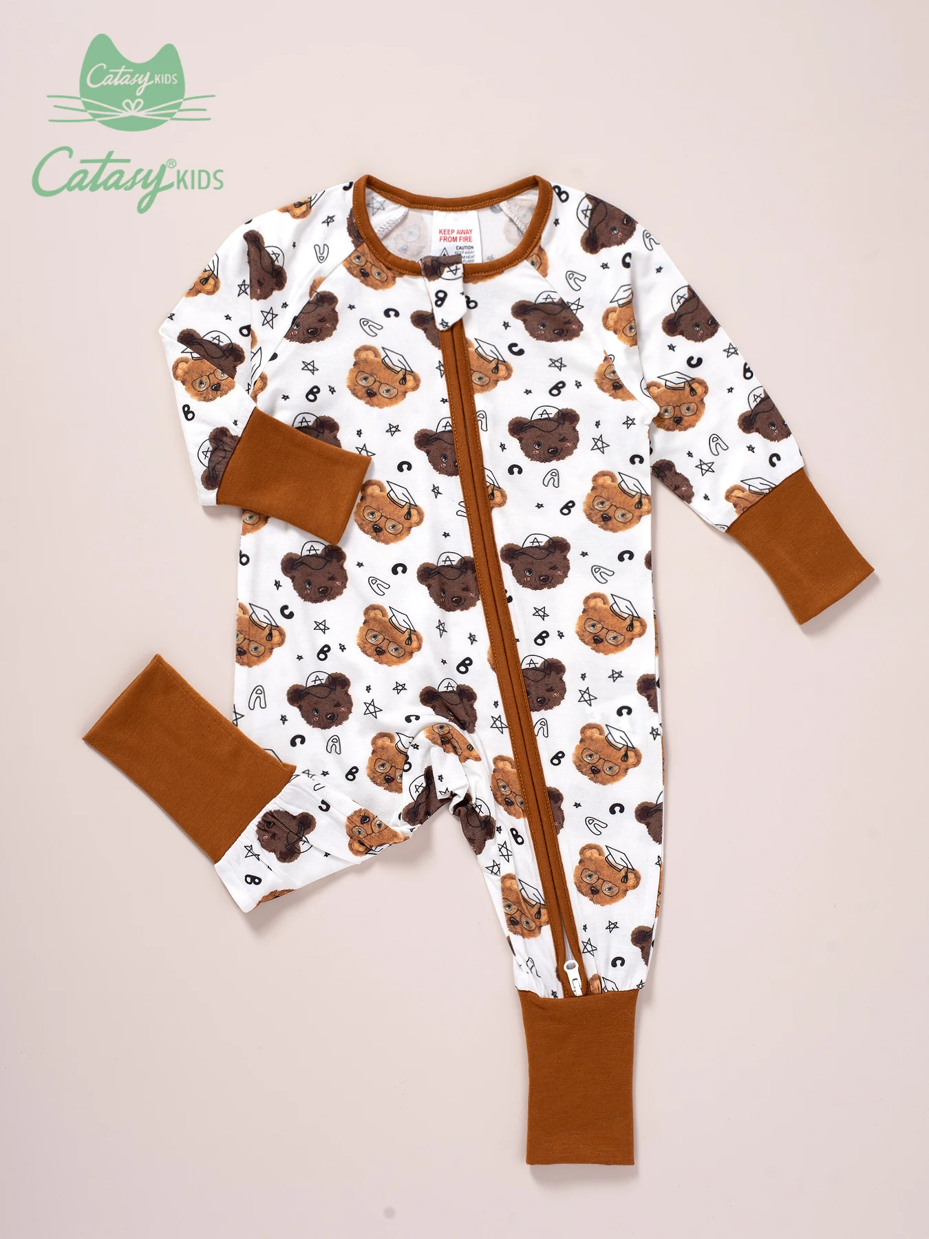 Baby Boy\'s Summer Bamboo Fiber Long-sleeved Onesies, Cute Bear Print & Convertible Foot Cover Zipper Design Onesies