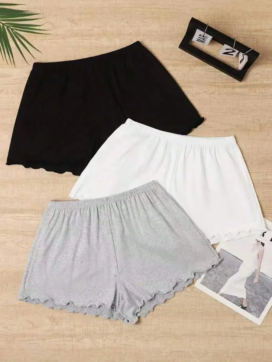 

3-Pack Spring Summer Solid Color Ruffled Hem Lounge Shorts For Women
