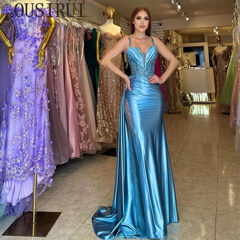 OUSIRUI Sexy Woman  Evening Dresses Spaghetti Strap Satin 2024 Summer Host V Neck Prom Dresses Backless Lace Up robe de soirée