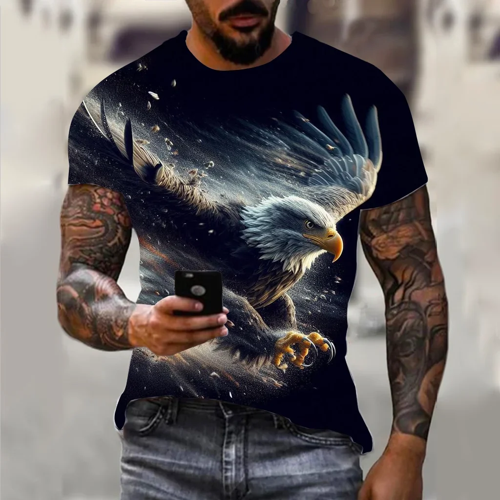 

Men's Short Sleeve Crew Neck T-shirt, Fun Top, 3D Animal and Eagle Print, Hip Hop Fashion, Casual Streetwear, Harajuku