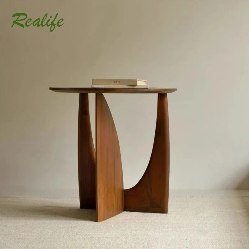 

Realife Nordic Solid Wood Edge Table Sofa Coffee Table Corner Table Living Room Circular Household Black Walnut Wood Round Table