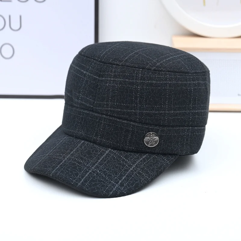 

Winter Warm Middle-Aged and Elderly Men's Hat Dad Grandpa Five Stars Fleece Thickened Flat-Top Cap Old Man Ears Protection Peake