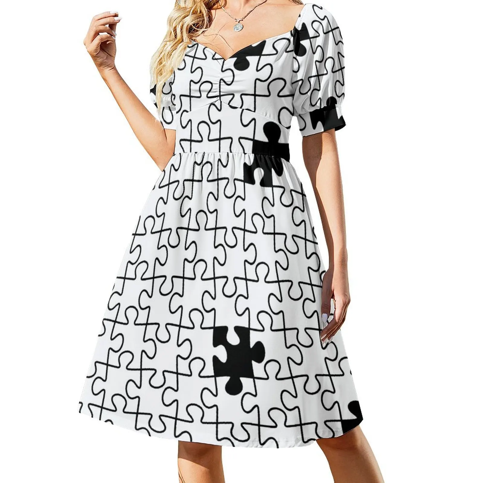 

The Missing Piece - Abstract Jigsaw Puzzle Black and White Short Sleeved Dress women long dresses dresses for women Dress