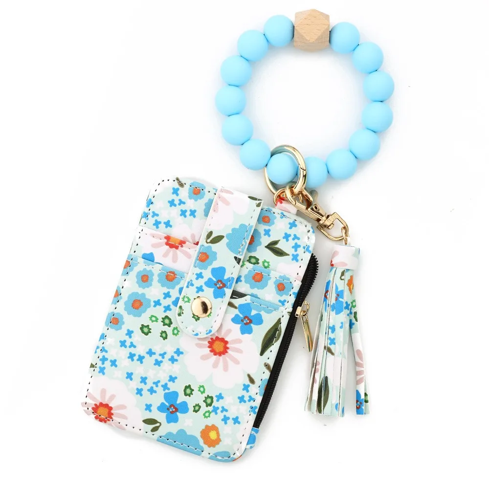 

Fragmented Design Silicone Bead Bracelet Keychain Pu Leather Flower Pattern Wristlet Wallet Keychain Beaded Detail Boho Style
