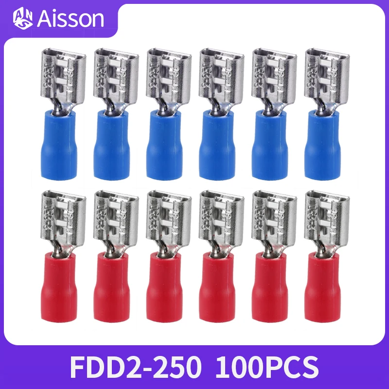 100pcs FDD2-250 FDD Insulated Electrical Crimp Female Terminal For 1.5-2.5mm2 Cable Connectors Cable Connector