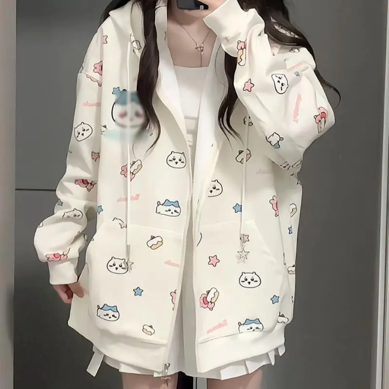 Sudadera con capucha con estampado de dibujos animados de Anime japonés para estudiantes, cárdigan versátil suelto, chaqueta con cremallera, Tops de manga larga, Chiikawass Hachiwares