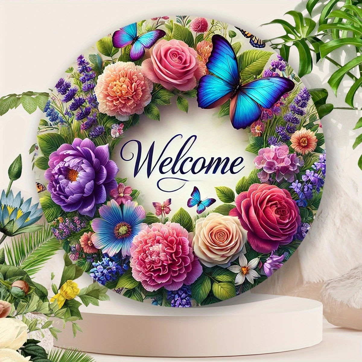 2D Flat Printing Round Wooden Welcome Door Hanging Sign, Colorful Floral Design, Waterproof and Weather Resistant, Pre-drilled