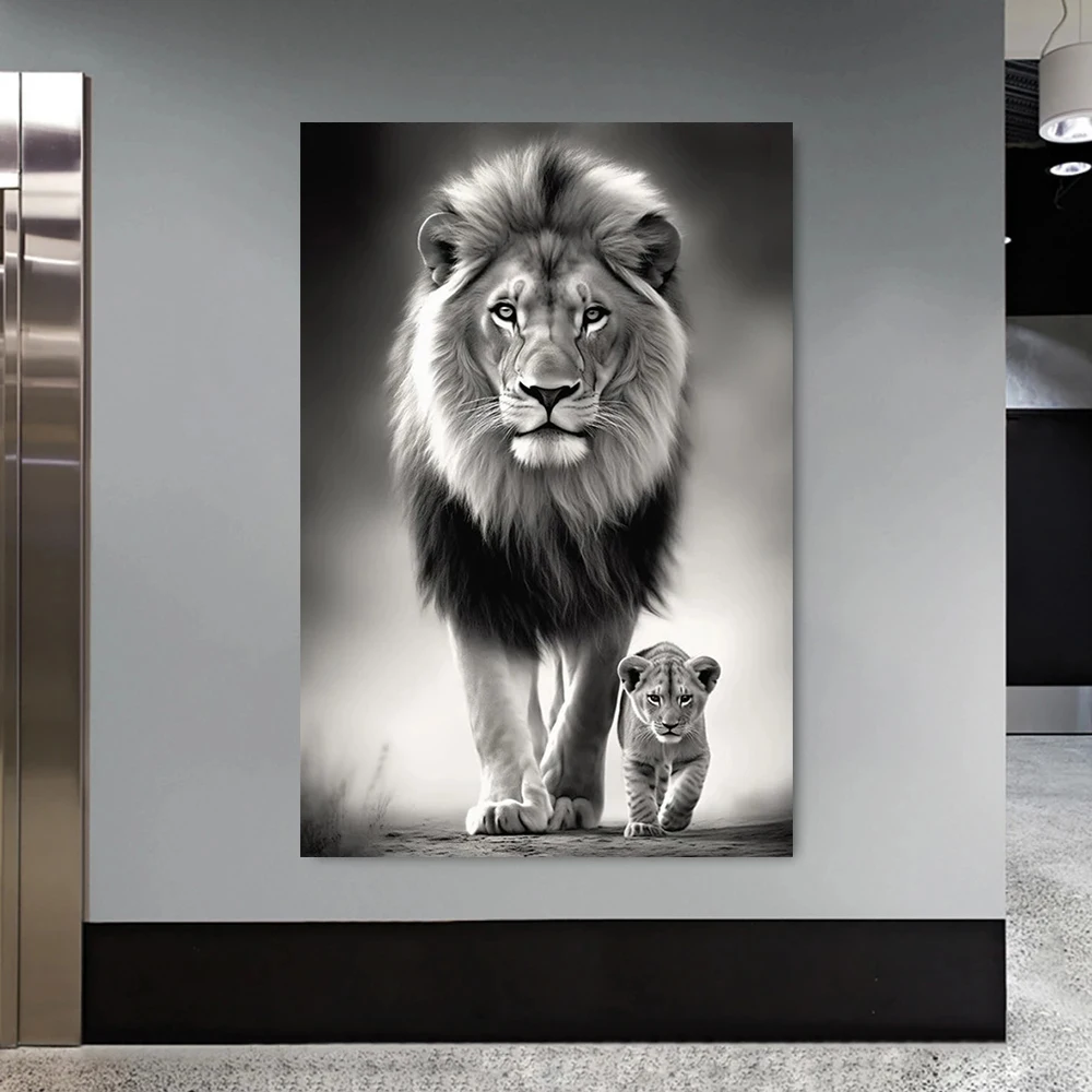 Black and White Animal Art Lion and Cub Poster Printing, Modern Wall Art Canvas Painting for Living Room Home Decoration