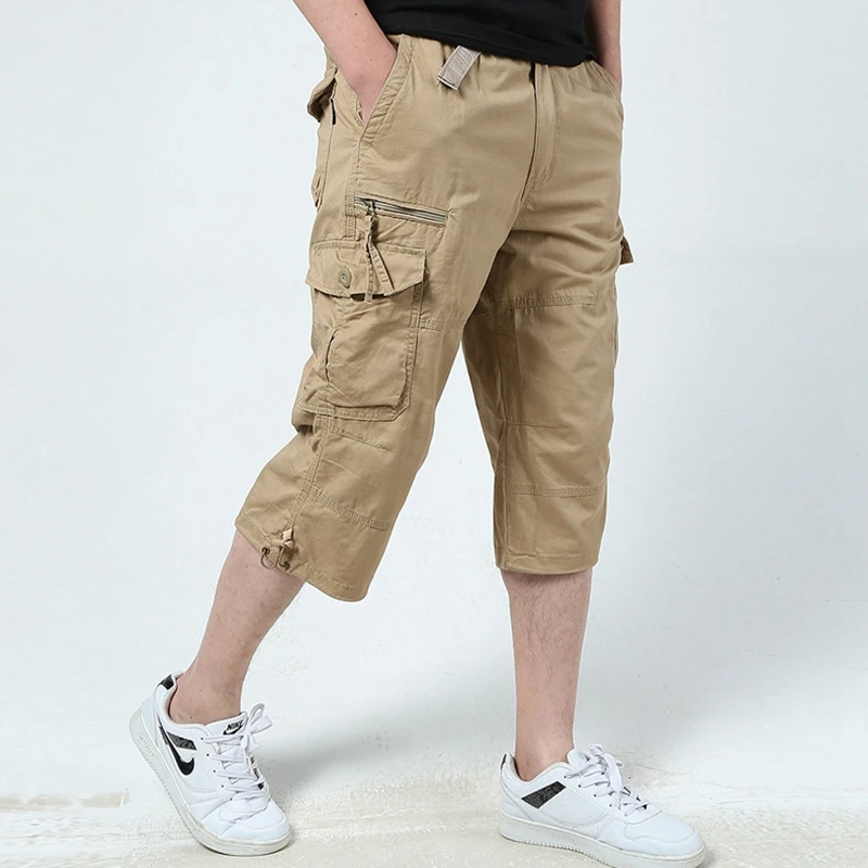 Long Length Cargo Shorts Men Summer Knee Multi Pocket Casual Cotton Elastic Waist Capri Military Hot Breeches Cropped Trousers