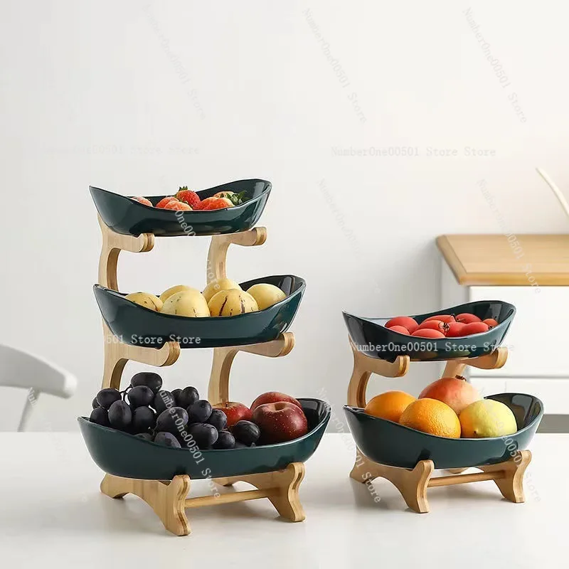 Creative three-layer multi-layer fruit tray European ceramic dried fruit tray bamboo frame household snack candy basket view 5