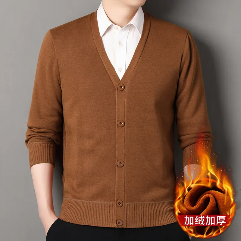 Autumn Winter Wool Men's V Collar Knitted Cardigan Thickened Brown Sweatercoat Solid Color Suit Shirt Cashmere Sweater Jacket