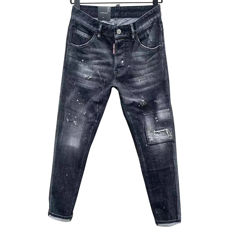 100 chareiharper c017 Men's Jeans Ripped patch Trend Elastic slim small foot pants 100 match men's pants