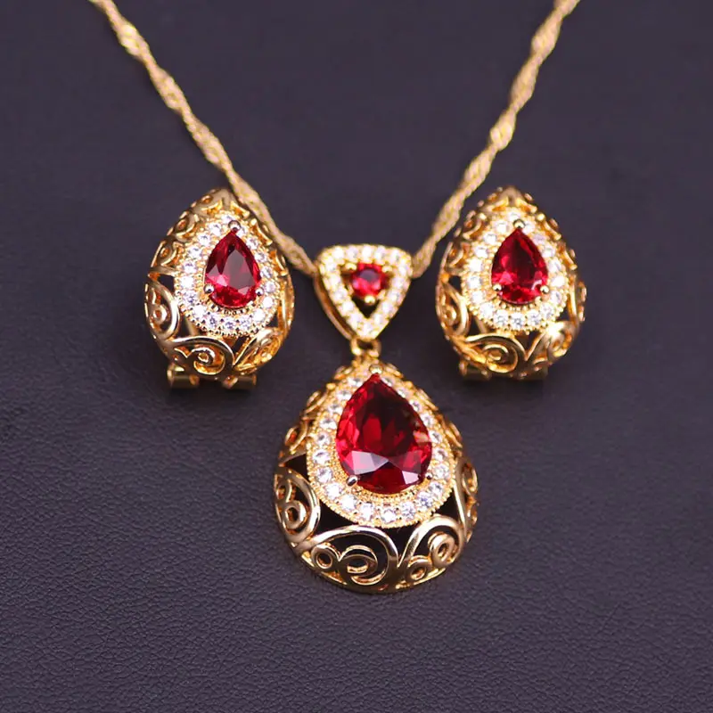 Lucky Style Pear Red Stone Gold Costume Jewelry For Women Necklace Bracelet With Hoop Earrings Set In Store