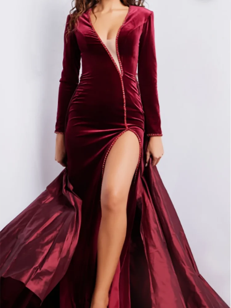 Elegant Irregular Collar Velour Full Sleeve Detachable Formal Evening Dresses Birthday Party Prom Gowns Customized