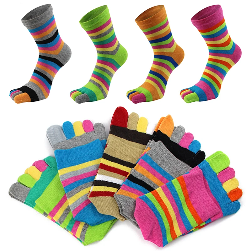 Colorful Striped Printed Five Fingers Socks Mid Tube Socks Korean Funny Cotton Feet Socks Fashion Breathable Toe Ankle Socks New