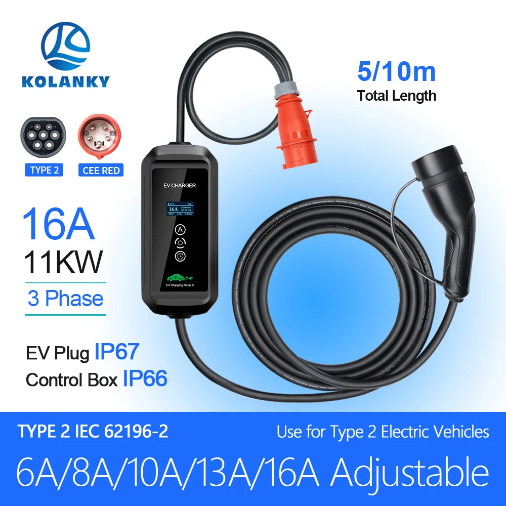 Kolanky 11KW 16A EV Portable Charger Type2 IEC62196-2 EVSE Charging Box Electric Vehicle PHEV Cars Charger CEE Plug 5M/10M Cable