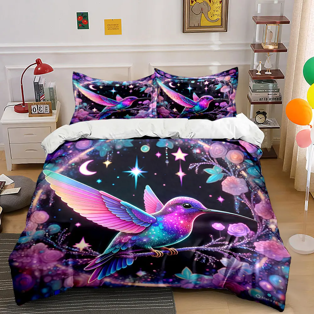 

Colorful hummingbird in dreamy starlit sky Printed Duvet Cover Set 1 Duvet Cover+2 Pillowcase Multi Size Bedroom Bedding Decor