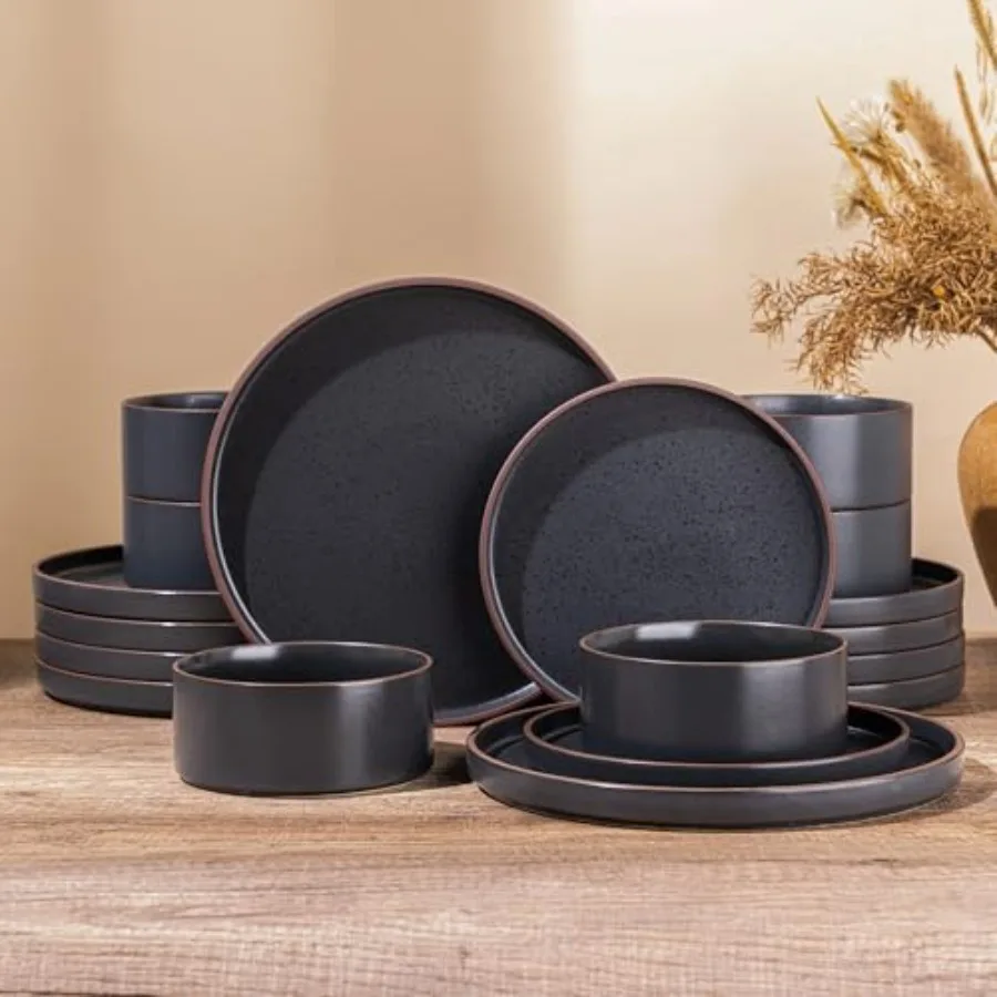 Набор керамической посуды из 4 предметов: тарелки и миски из керамогранита с высоким ободком, устойчивые к сколам и трещ