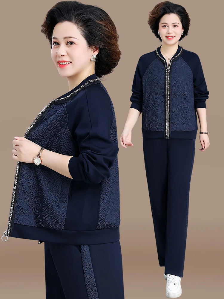 

Casual Style Sportswear Set for Middle-Aged Women Spring Autumn New Fashionable Baseball Jacket Top And Bottoms Ensemble