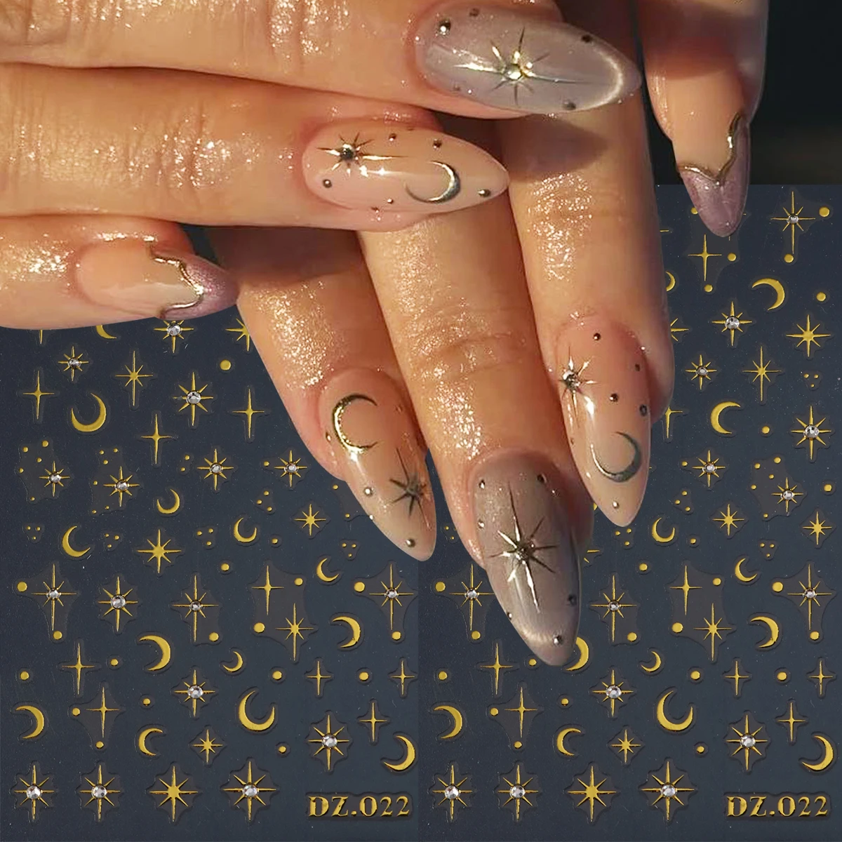 Sommerliche Sternenhimmel-Nagelaufkleber mit Strass, Metallische Goldene Sterne, Mond, Sternenstrahlen, Punkte, 3D-Geprägte Hochzeits-Nageldekoration