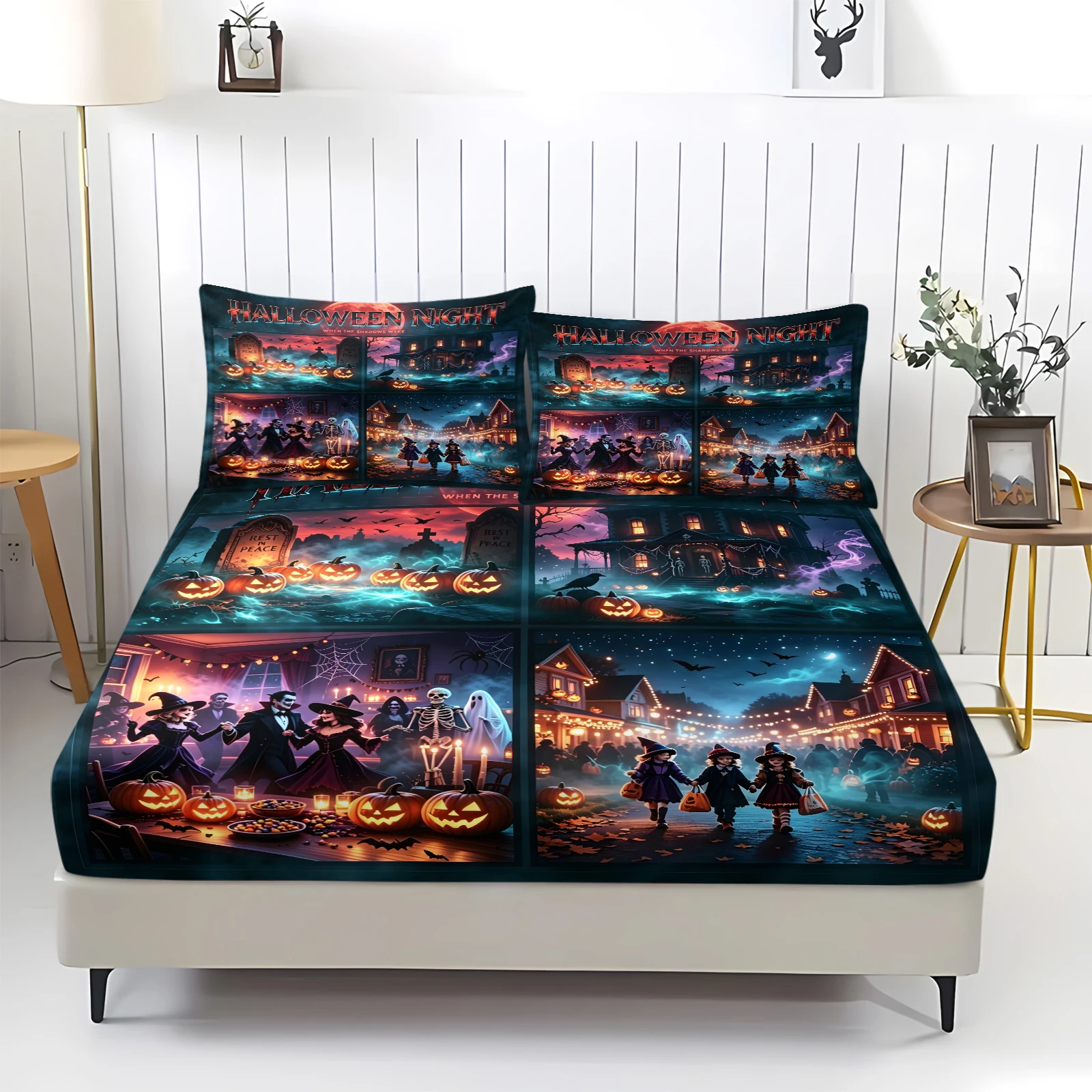 Halloween Night Patchwork Fitted Sheet Set Pumpkin Ghost Witch Skeleton Bat Print Bed Sheet with Pillowcase Elastic Deep Pocket