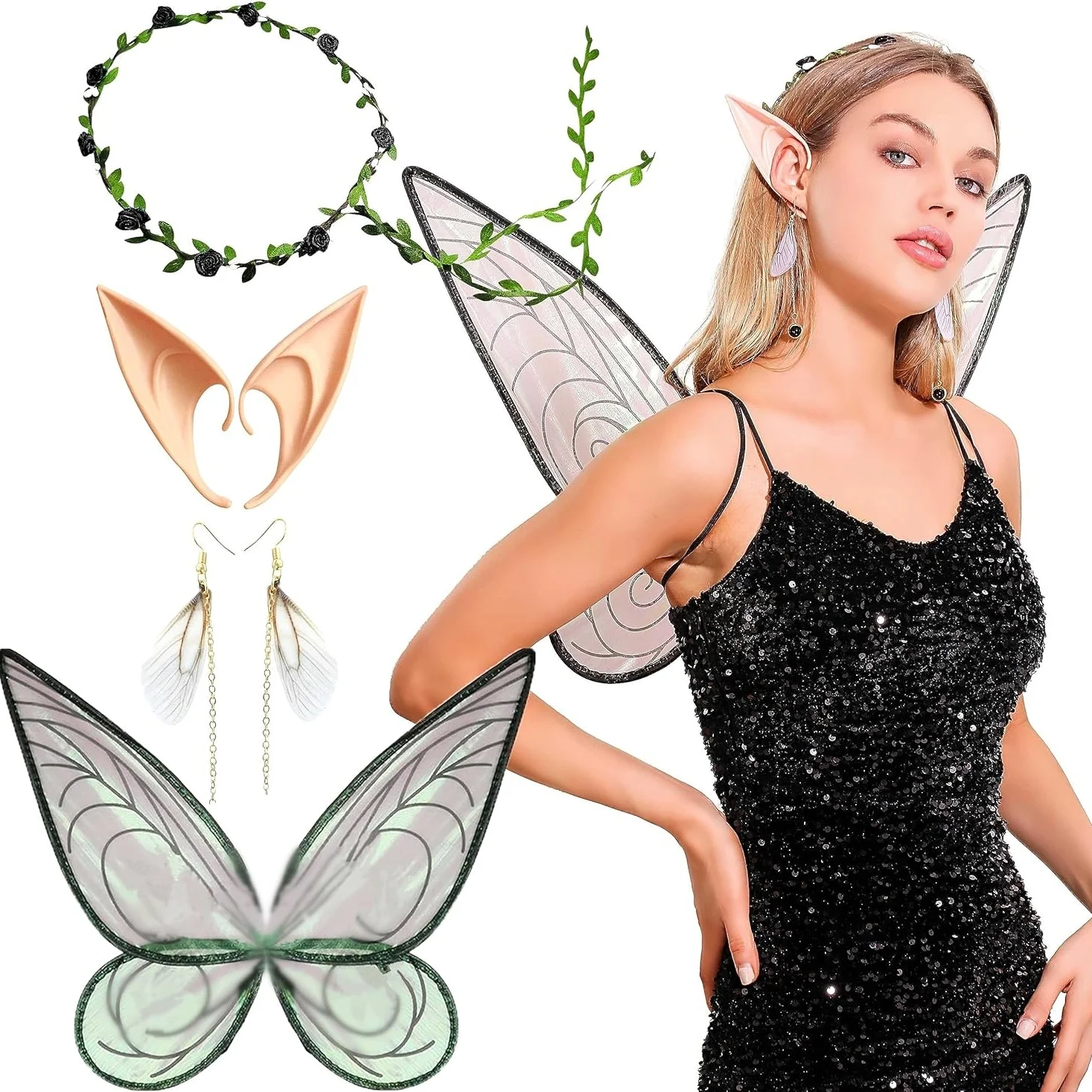 Laventy Sexy Fairy Wings for Adults Black Fairy Wings Costume Women Fairy Elf Ears Floral Headband Crown Fairy Wings Earrings