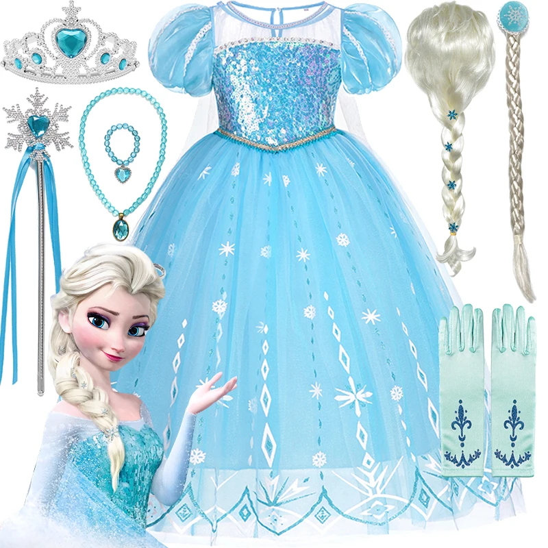 Disney Forzen Elsa Dress Kids Princess Cosplay Costume for Baby Girls Halloween Costume Girls 2-8 Years Christmas Birthday Gift