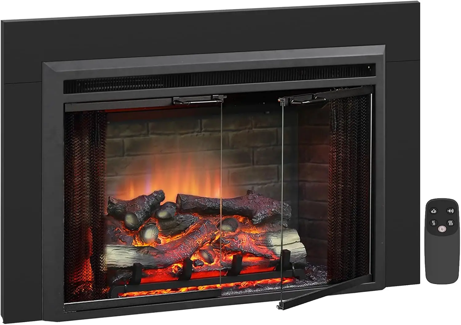 Klaus 33” Electric Fireplace Insert with Trim Kit, Fire Crackling Sound, Resin Log, Glass Door and Mesh Screen, 750/15