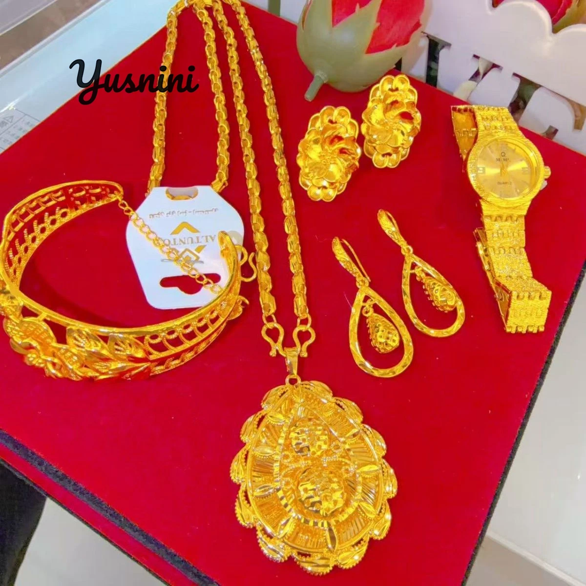 

Модное Дубайское 24-каратное позолоченное высококачественное ожерелье, серьги, кольца, браслеты, подарок на свадьбу, комплект ювелирных изделий DD11019