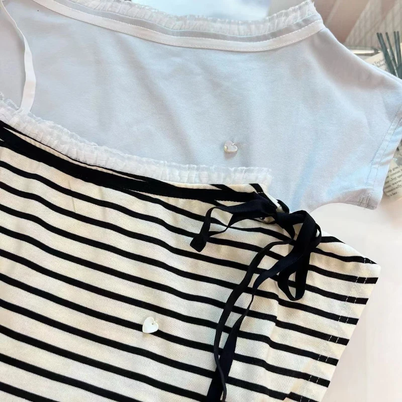 Bomon عادية الحلو الاتجاه الكورية مخطط المرأة تي شيرتات قصيرة الاكمام الصيف الدانتيل حافة القوس الشارع موضة واحدة الكتف Ins #4