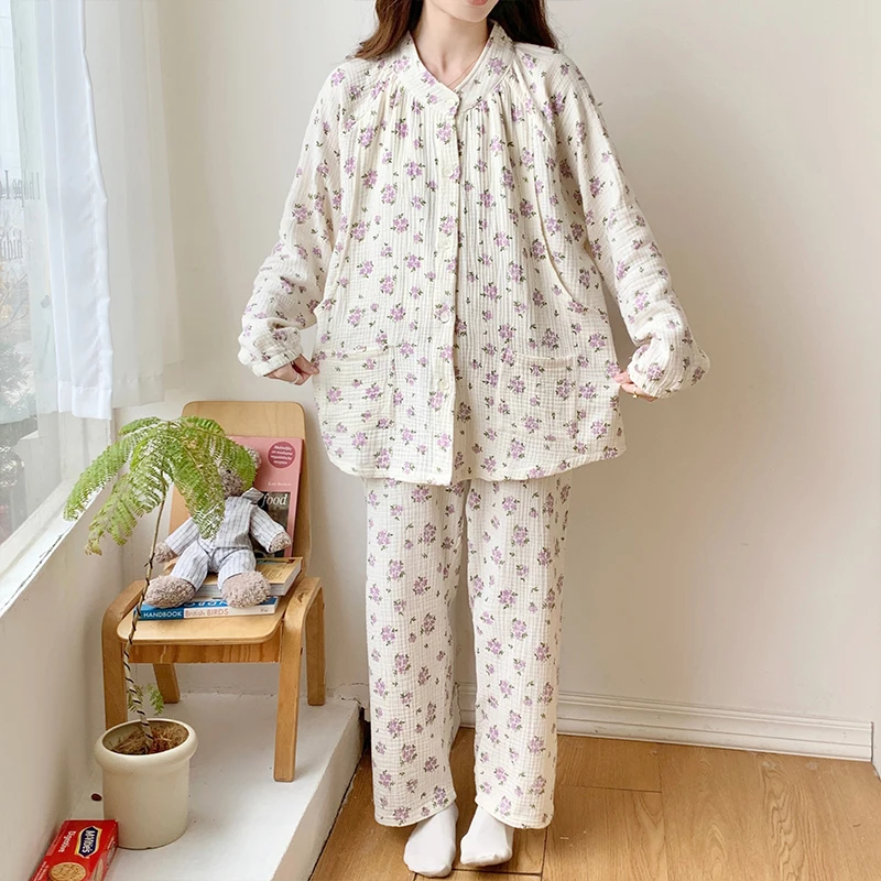 100% Cotton Double Gauze Maternity Nursing Sleepwear Set Breathable Loose Lacation Breastfeeding Pajamas Pregnancy Home Hospital