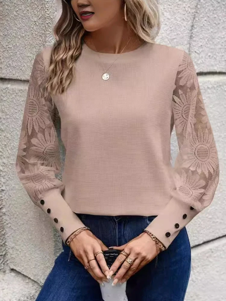 White Lace Patchwork Button Women Long Sleeve Shirt Casual Loose Korean Style Official Knit Shirt Hollow Splicing Waffle Clothes