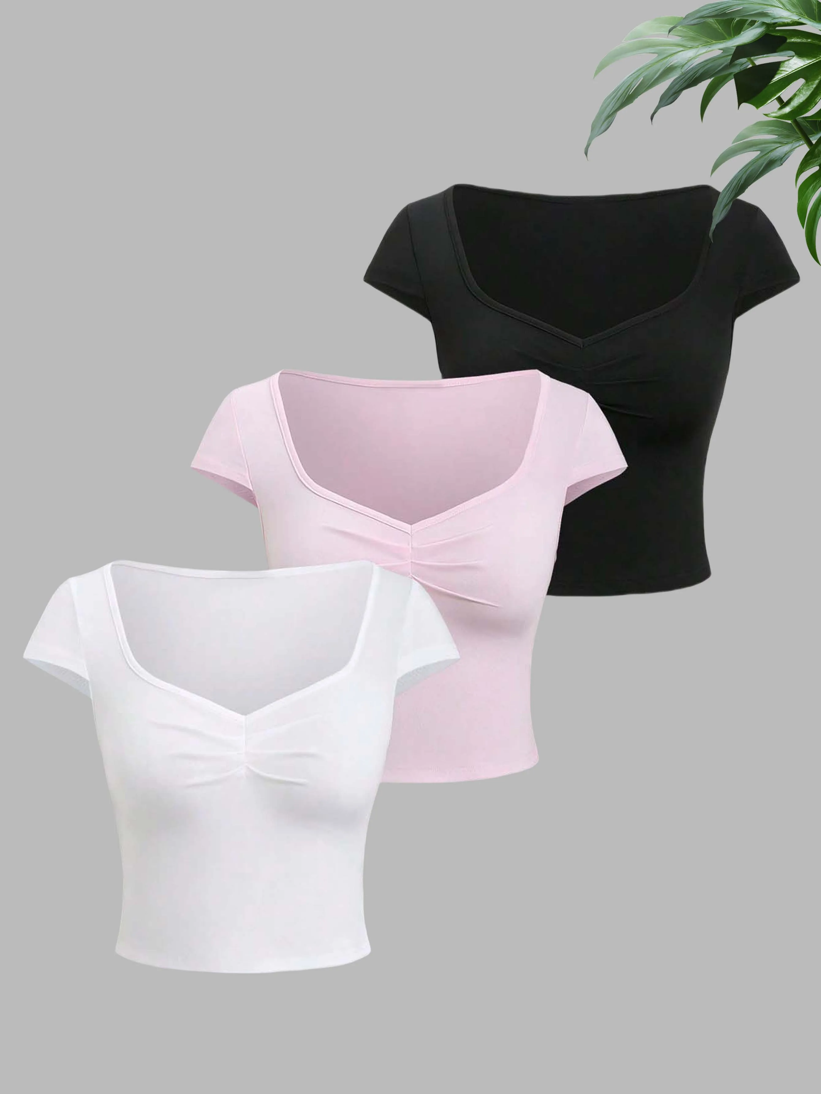New women's fashion trend versatile solid color low-neck small flying sleeve women's T-shirt three-piece suit