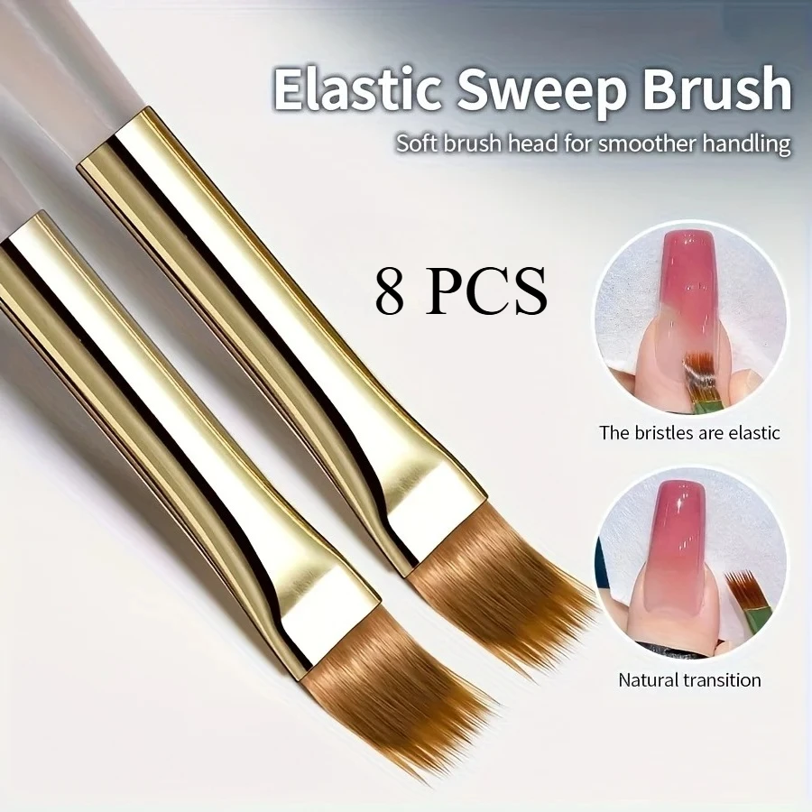 8pcs Wide Soft Bristle Nail Brush Gradient Design Acrylic Handle Gel Polish Applicator Nail Tools
