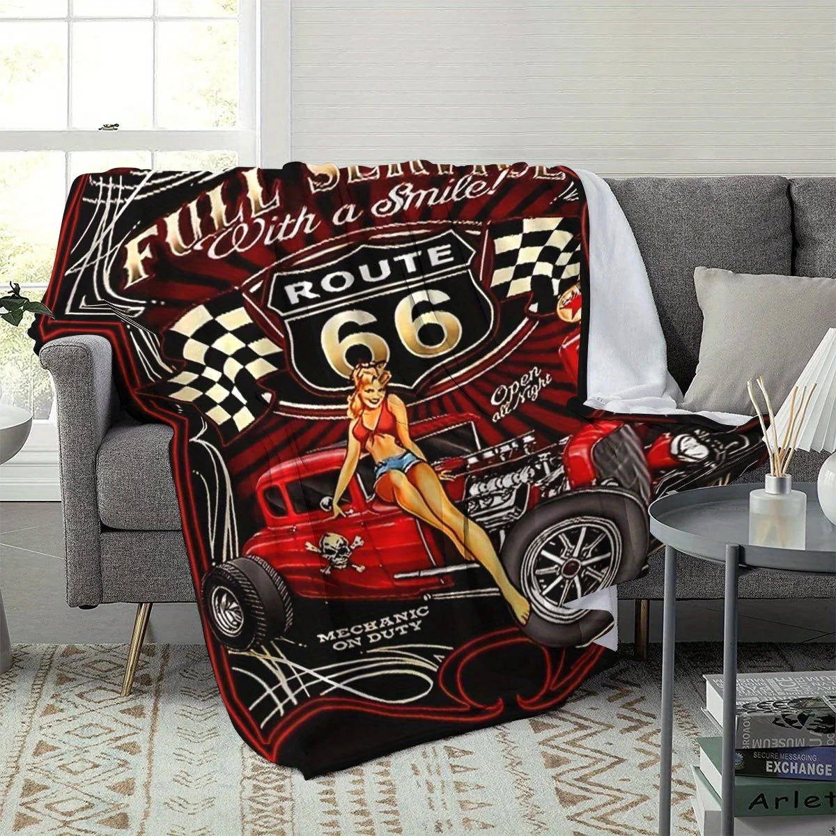 Vintage Route 66 Blanket Full Service With A Smile Hot Rod Car Mechanic On Duty Soft Flannel Fleece Throw Blanket For Bed Sofa