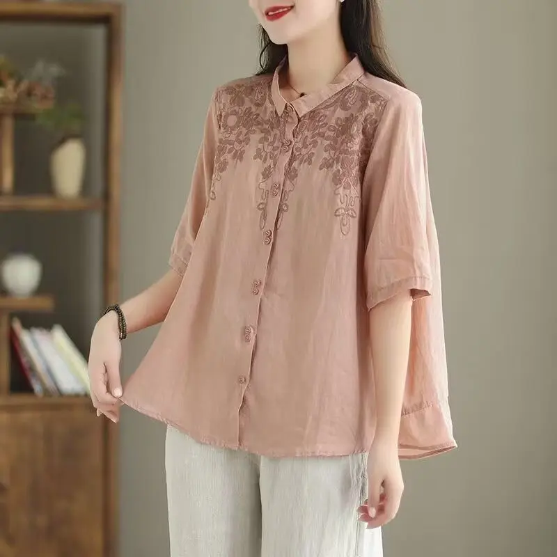 Women Vintage Embroidery Cotton Linen Shirts Spring Summer Casual Thin Breathable Blouses Ladies Half Sleeve Solid Oversize Tops