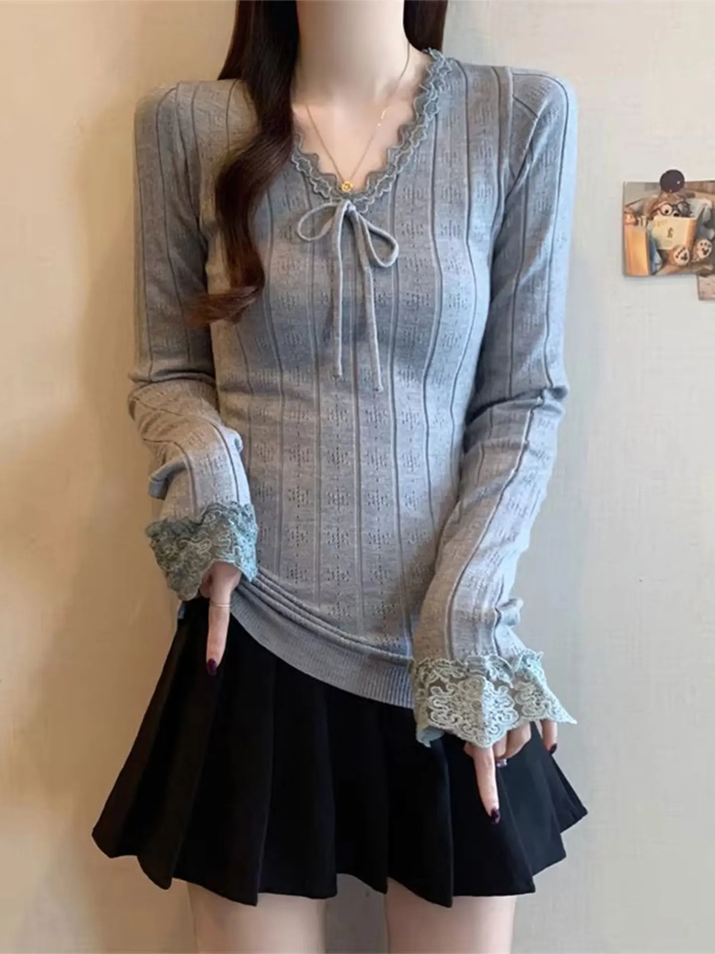 

Женская трикотажная футболка с кружевом в стиле пэчворк V-Ne, большие размеры, высококачественный топ, повседневная футболка с длинным светом