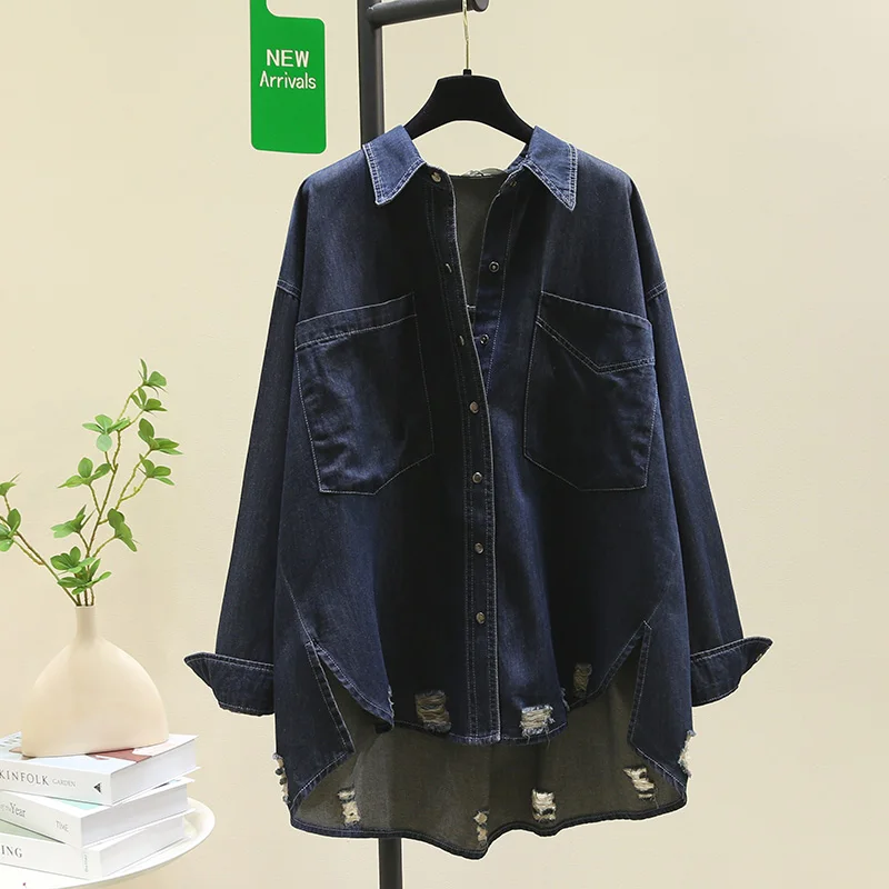 

SuperAen Vintage Ripped Mid Length Denim Shirt Coat Women's Spring Autumn 2024 New Loose Casual Shirt